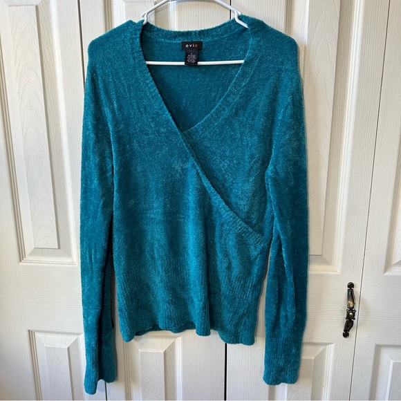 EVIE Sweaters - EVIE Womens Size L Turquoise Micro Nylon Chenille Ribbed Vneck Faux Wrap Sweater